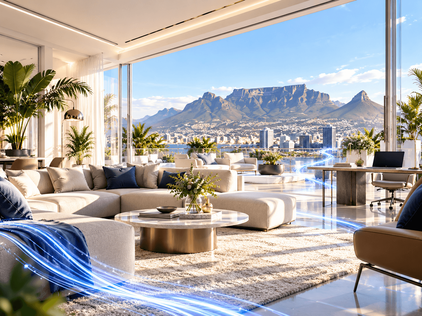 A sunlit living room with a home-office desk, opening onto a view of Table Mountain