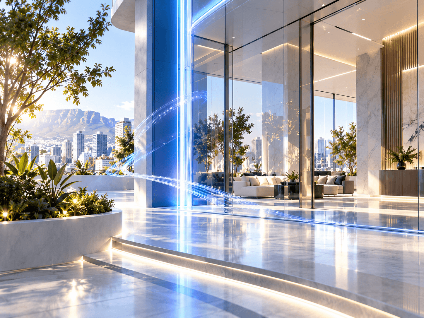 A glass-fronted building lobby with a blue fibre light trail rising up the facade