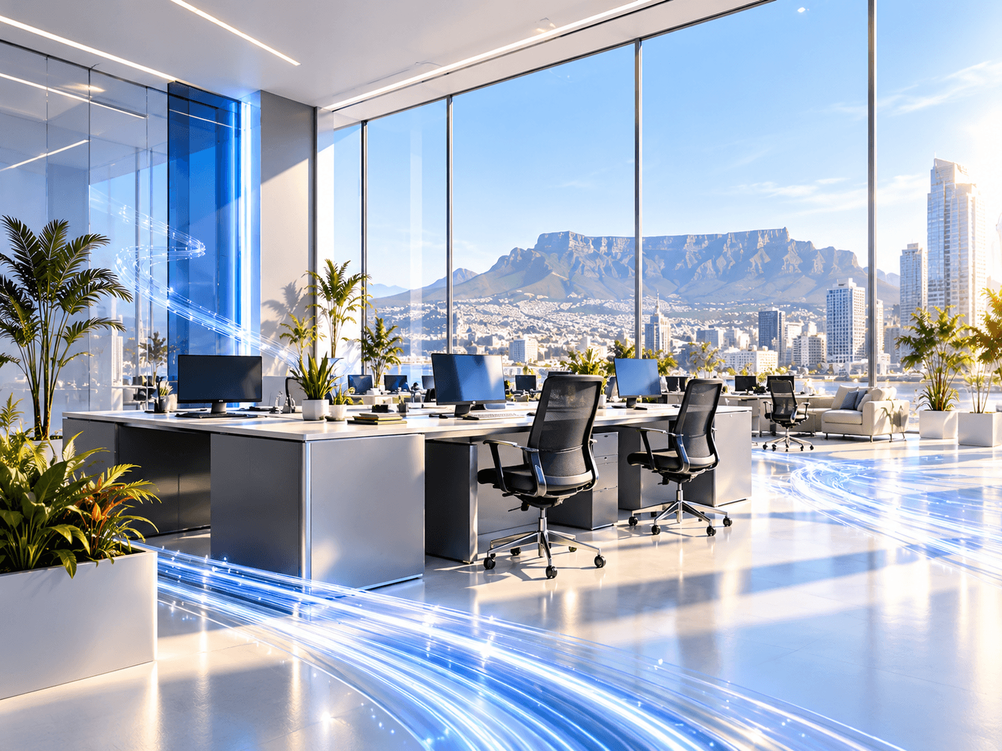 A bright open-plan office overlooking Table Mountain, with fibre light trails across the floor